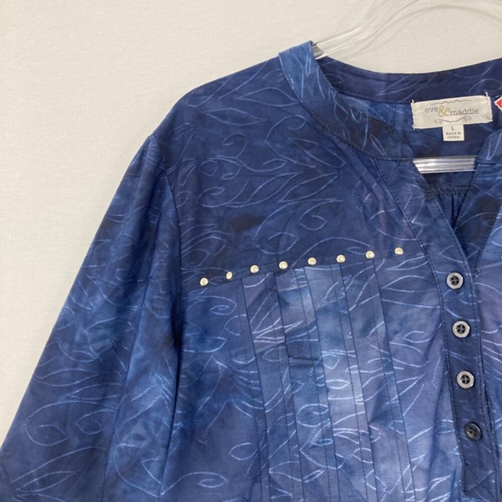 New Eve & Maddie size Large Blue Embellished‎ Stretch Babydoll Blouse - Picture 3 of 9